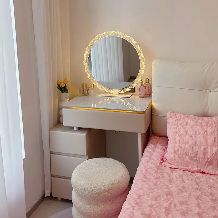 小户型带灯实木梳妆台卧室现代简约奶油风化妆桌床头收纳柜一体