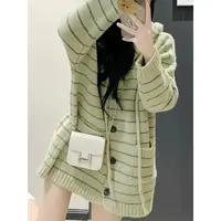 慵懒风老钱风撞色条纹连帽毛衣外套女秋冬中长款宽松加厚针织开衫