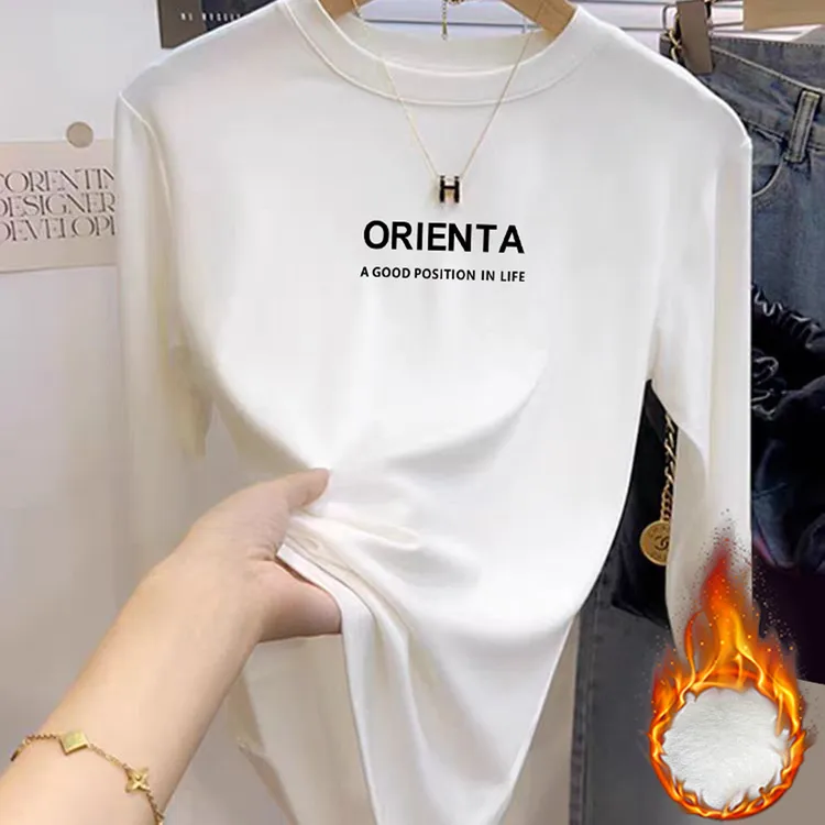 婳娇长袖宽松显瘦T恤女白色德绒加厚上衣秋冬款简约加绒保暖体恤