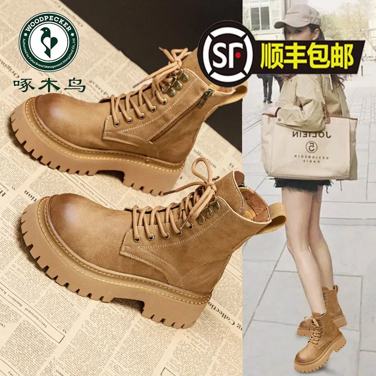 啄木鸟马丁靴女2025春秋新款英伦风爆款超火短靴子厚底增高机车靴