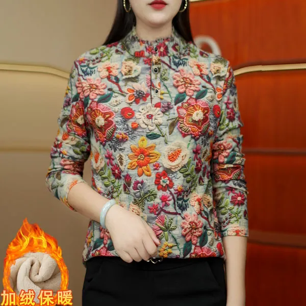 秋冬新款双面绒加绒加厚打底衫中老年女装一体绒上衣澳绒加绒衫女