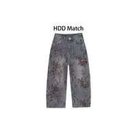 HDD- "秋日落叶" 棉 秋季女款中裤直筒植绒宽松牛仔裤 Y8937