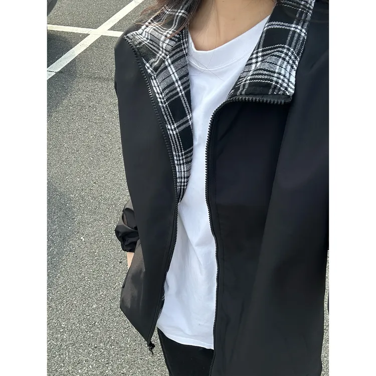 cleanfit美式格子拼接夹克男春秋季潮牌宽松氛围感翻领外套情侣装