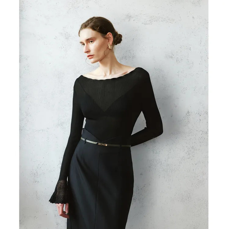 LYNEE 【薄雾】一字领蕾丝袖针织上衣夏季套头针织衫LGD2FAK007