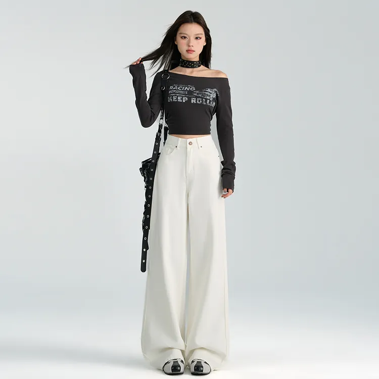 白色高腰窄版阔腿牛仔裤女2025春夏新款设计感宽松显瘦垂感拖地裤