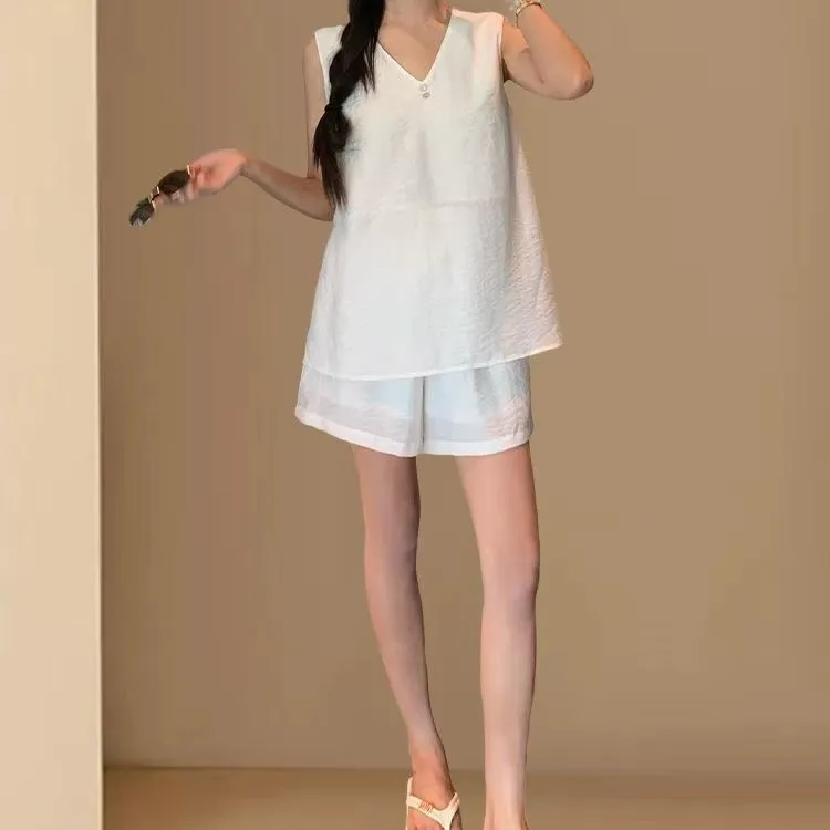 夏季新款时尚老钱风两面穿无袖短裤两件套