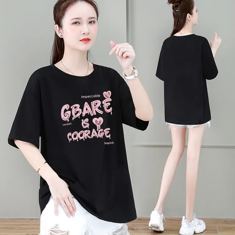 俏兰纪夏季新款圆领短袖T恤女宽松显瘦中年大码女装冰感透气体恤