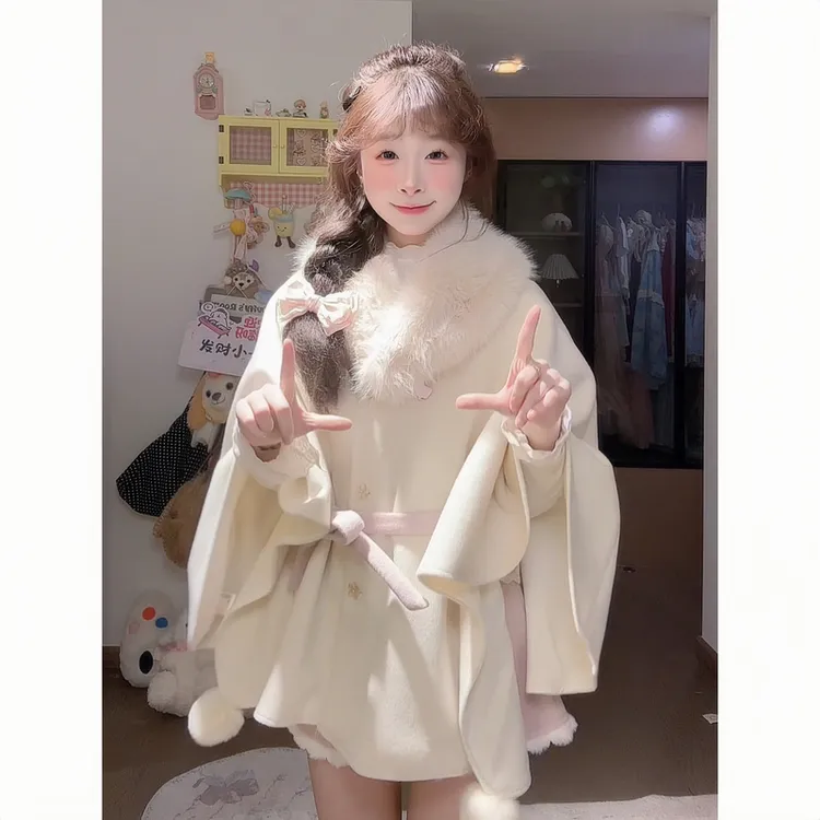 【雪穗缪斯】毛领斗篷大衣冬季千金感加厚收腰毛呢套装