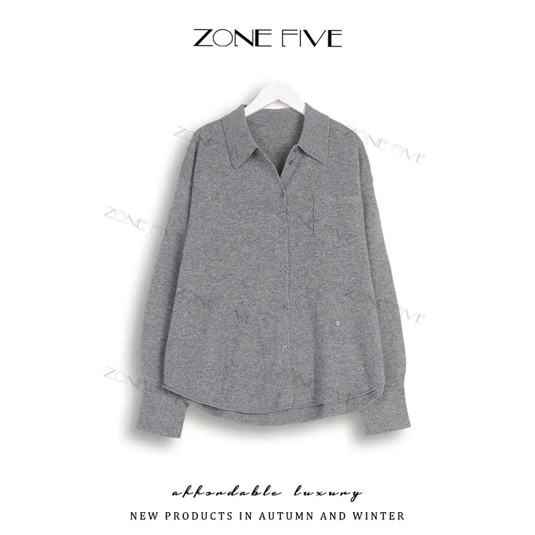 【zonefive】纯色Polo领针织衬衫女装休闲简约秋冬新款内搭叠穿上衣