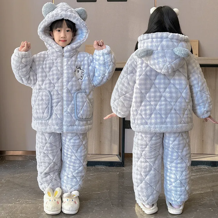 女童冬季睡衣三层夹棉法兰绒大童洋气套装儿童加绒加厚公主家居服