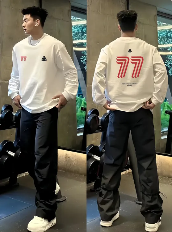 男生长袖T恤新款美式宽松潮流数字7印花轻奢痞帅高级感纯棉长袖