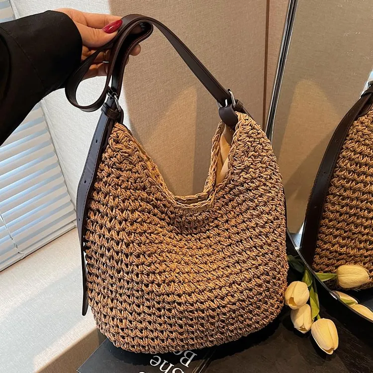 慵懒田园风编织托特包包女式2025新款夏季百搭草编包大容量斜挎包