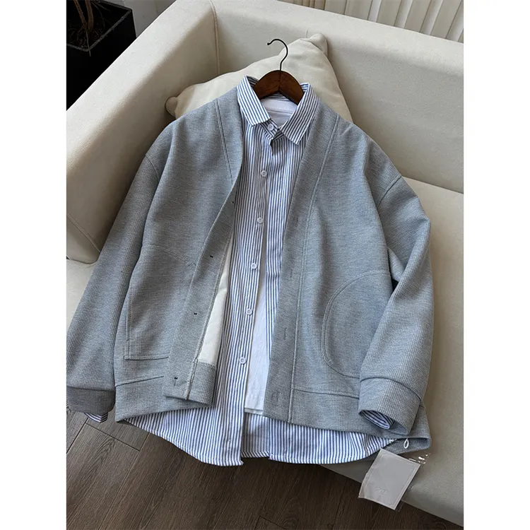 美式cleanfit灰色开衫男秋季休闲宽松慵懒感外套潮牌V领情侣夹克