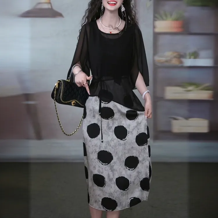 时尚连衣裙女两件套气质显瘦休闲法式百搭夏季印花波点拼接长裙女