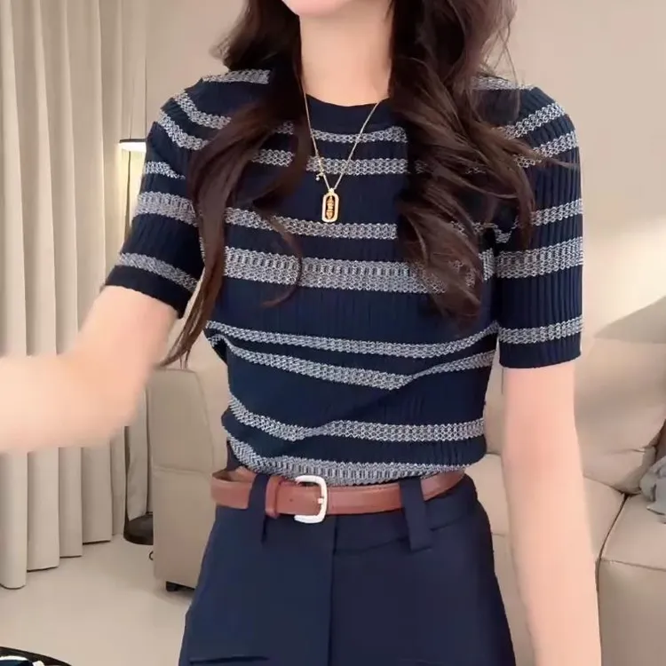 韩系chic时尚条纹撞色短袖t恤女2025夏季新款显瘦气质冰丝针织衫
