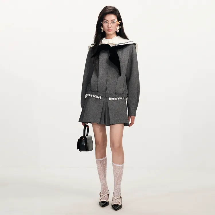 lefame拉飞姆2026早春新品时尚毛织提花花边学院海军风夹克外套