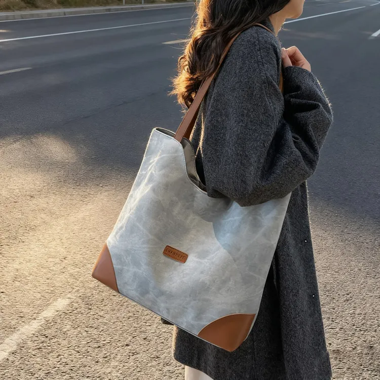 包包2025新款文艺风托特包双根可折叠单肩包ins通勤撞色肩包休闲