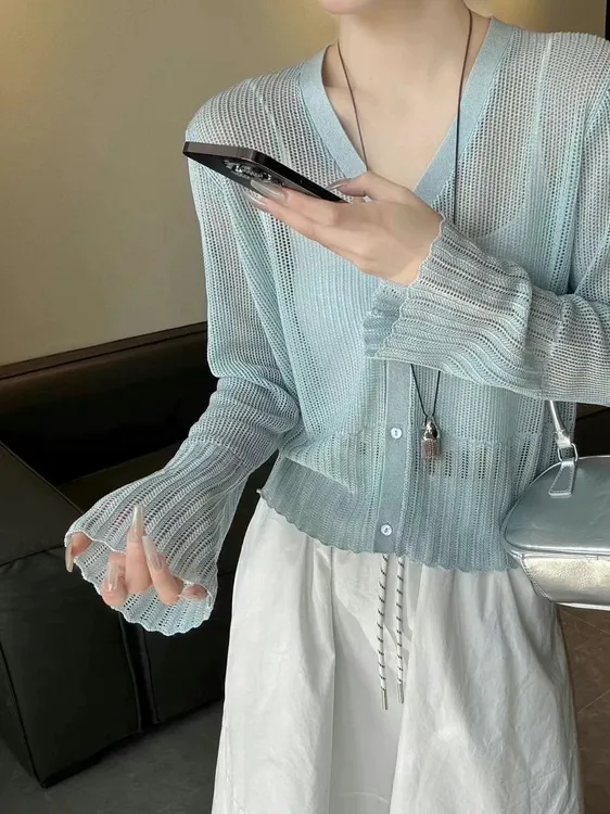 【莱赛尔亚麻】春夏季新款V领短款纯色薄款针织开衫女外搭防晒外套