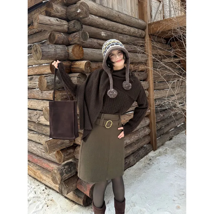 新款博主风高级感百搭套装女冬披肩毛衣两件套半身裙一整套26416