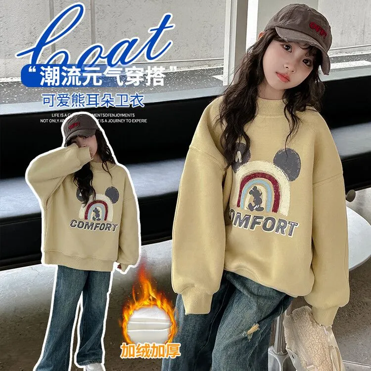 女童长袖圆领卫衣时髦洋气春秋薄款黄色卡通字母印花儿童百搭上衣