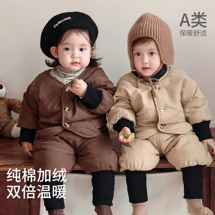 儿童加绒套装秋冬季森系男女童外套韩版棉服宽松冬季两件套外出服