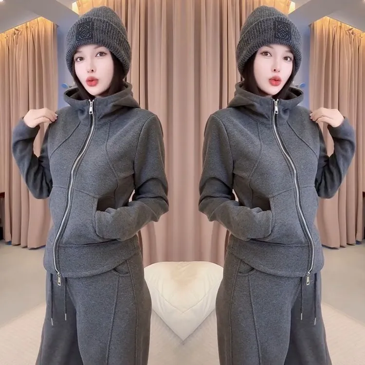 205灰色加绒套装秋冬季2025新韩系休闲简约减龄卫衣套装上衣裤子
