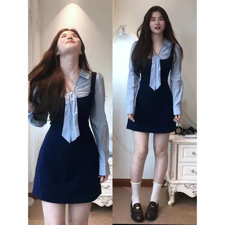 parkyeon韩系学院风撞色拼接连衣裙女秋季新款蝴蝶结收腰A字短裙
