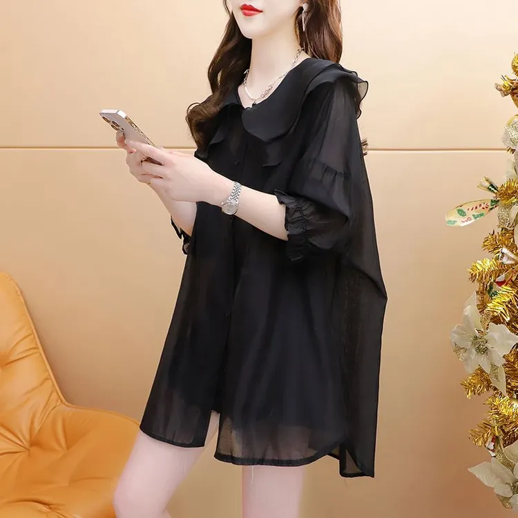 娃娃领衬衫防晒衣外套女2025新款夏季薄款宽松设计感小众雪纺上衣