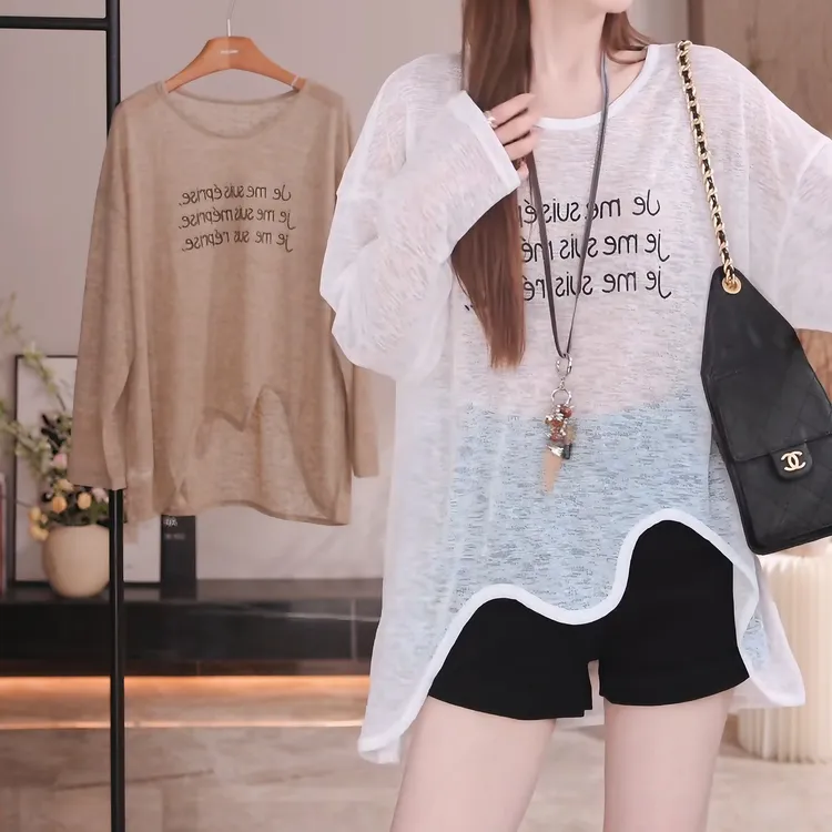 2025夏季新款下摆不规则字母T印花显瘦长袖防晒衫女LK2503539