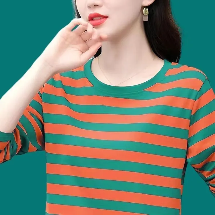 秋衣女薄款打底衫中老年妈妈长袖T恤女新款条纹上衣大码洋气小衫