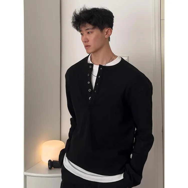 黑色cleanfit亨利领假两件长袖t恤男秋季美式正肩高级感痞帅卫衣