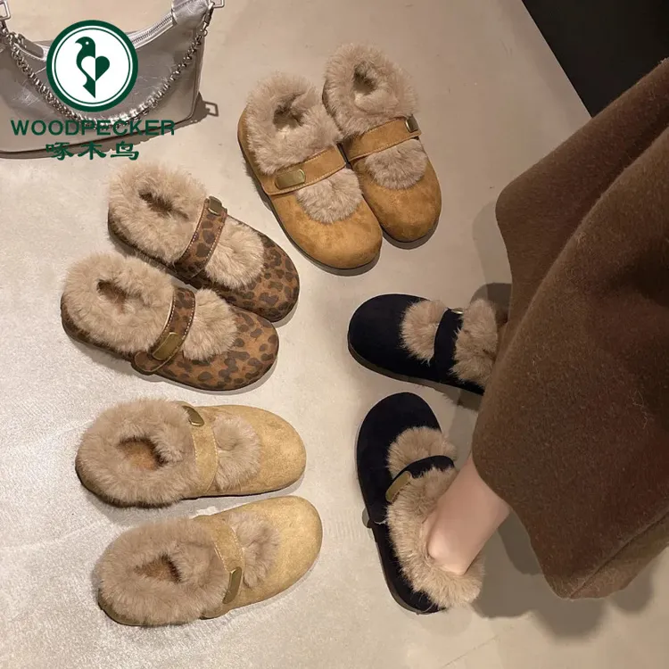 啄木鸟毛毛单鞋舒适百搭轻便魔术贴保暖内增高防滑复古冬季勃肯鞋