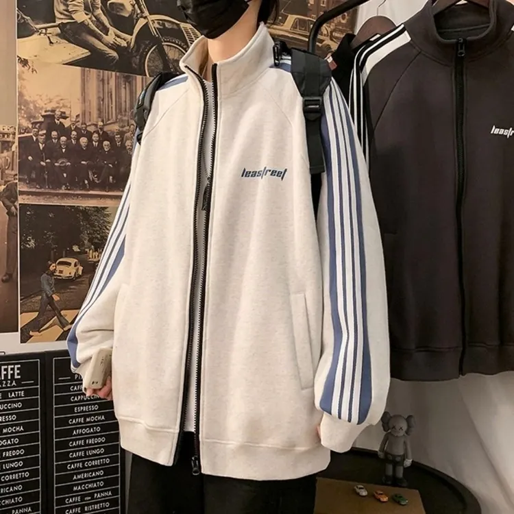 开衫卫衣男秋冬加绒外套ins韩版潮流潮牌港风休闲运动立领情侣装