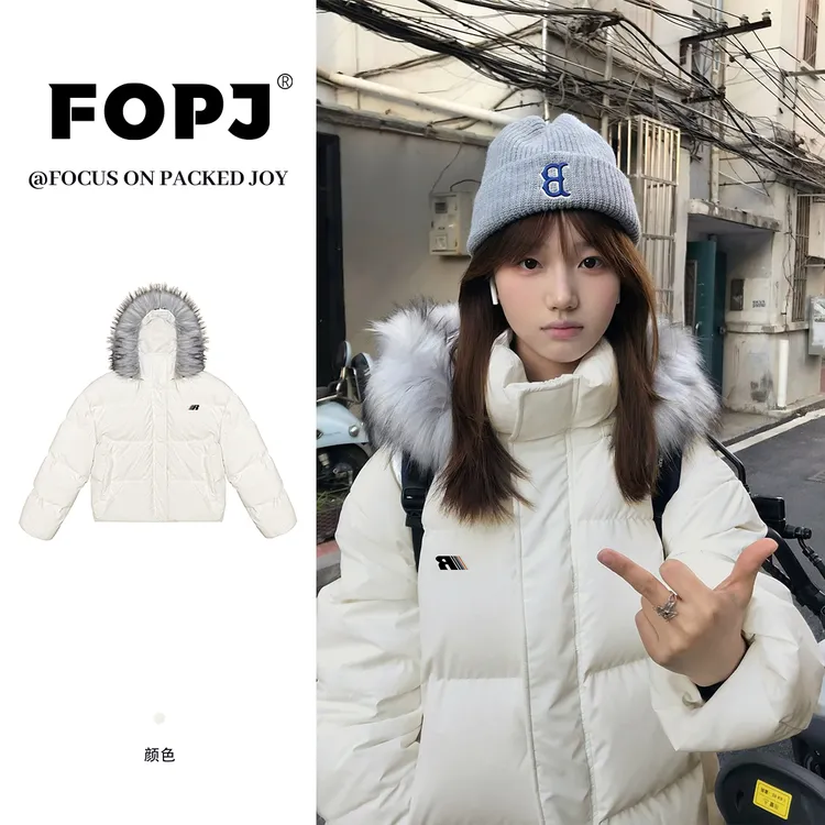 FOPJ冬季保暖加厚连帽棉服座山雕毛领运动面包服情侣宽松时尚外套