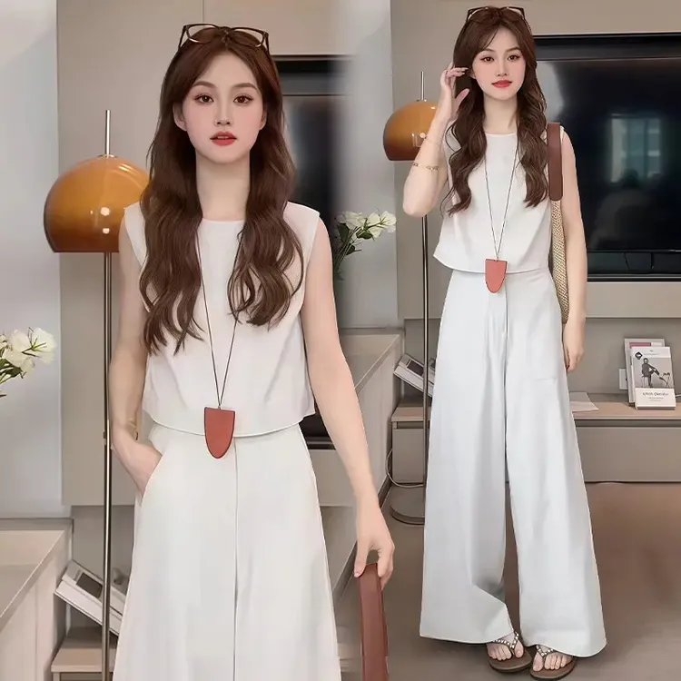 时尚洋气休闲运动套装女2025年夏季大码欧货无袖上衣阔腿裤两件套