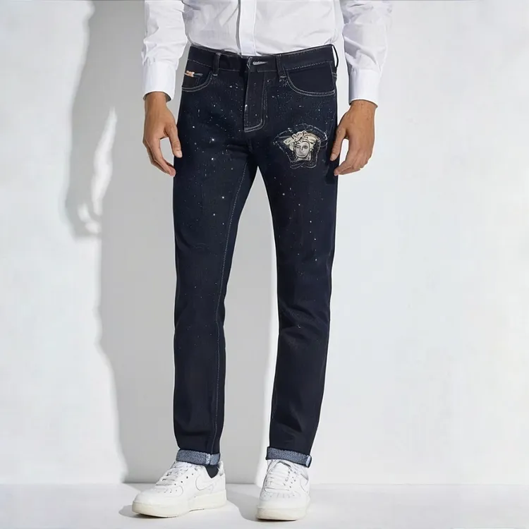 烫钻秋冬修身初秋男士刺绣牛仔裤男士黑色百搭秋季