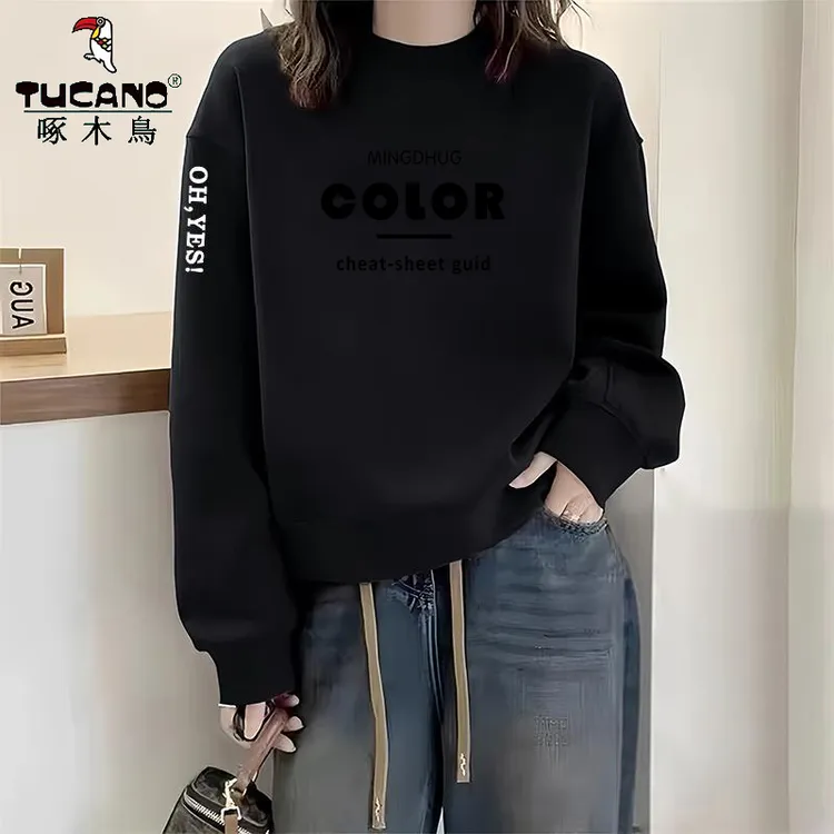 啄木鸟纯棉圆领卫衣女春秋季妈妈装洋气百搭韩版长袖T恤印花上衣