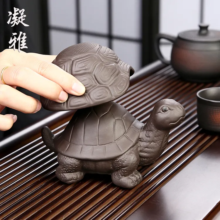 紫砂乌龟茶漏过滤器一体全瓷茶滤圆形过滤网树桩盖置功夫茶具配件
