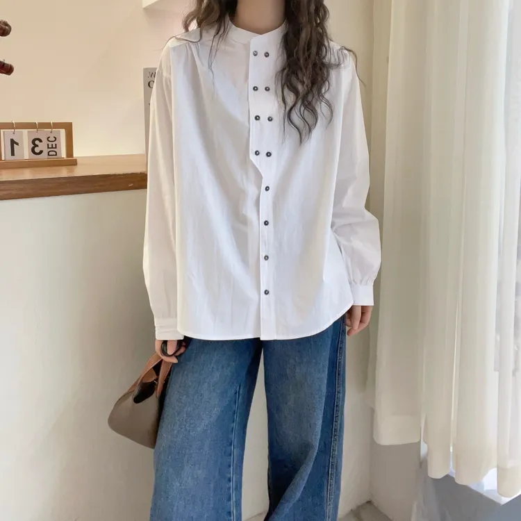 设计感立领休闲衬衫女2025早春新品欧洲站遮肚子洋气春游出行衣服