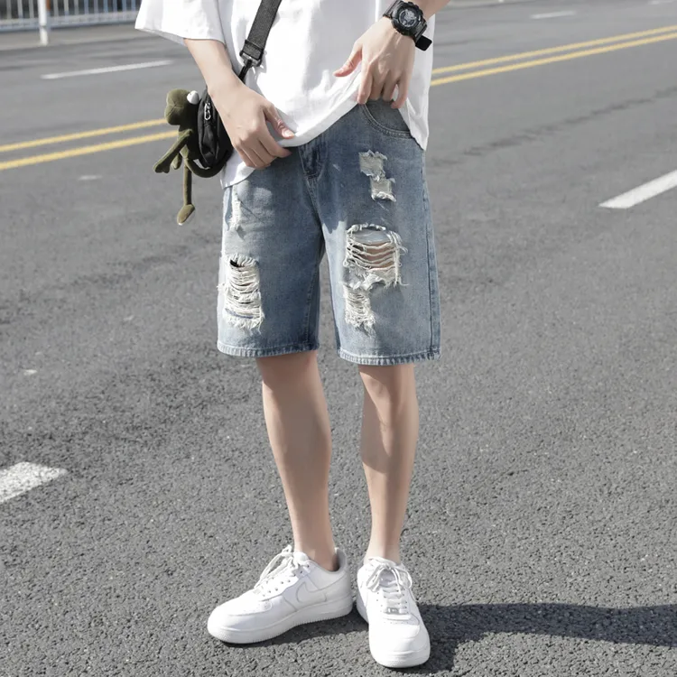 夏季薄款破洞牛仔短裤男新款宽松直筒男士分裤中裤短裤子潮BQ