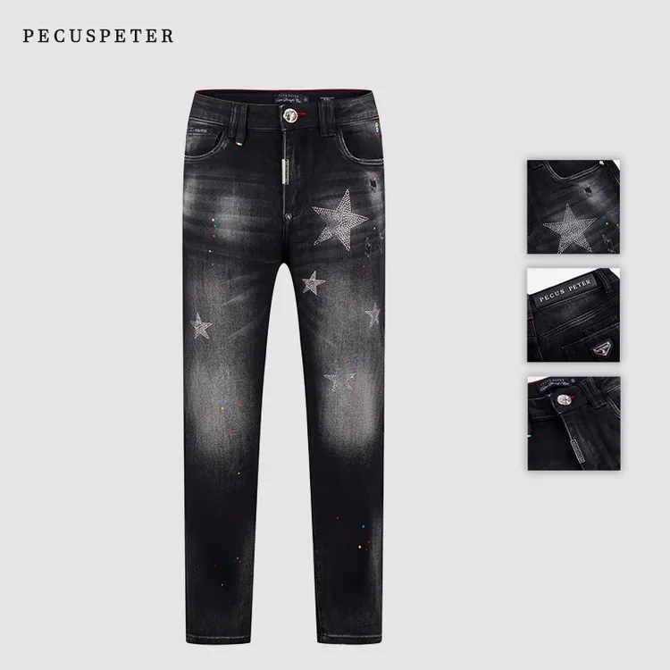 Pecus Peter2025秋冬款PP黑色潮流烫钻微弹舒适修身五角星牛仔裤