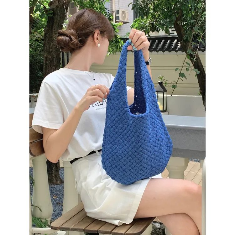 ins针织包包单肩包包女大容量复古蓝色手提文艺百搭纯色毛线包