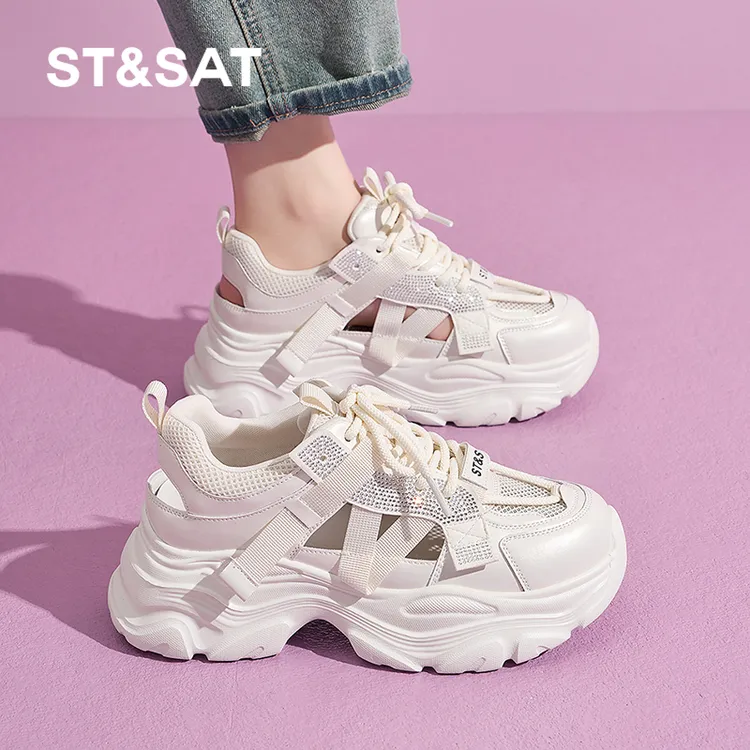 星期六女鞋旗舰店包头运动凉鞋厚底2025夏季新款镂空外穿钻老爹鞋