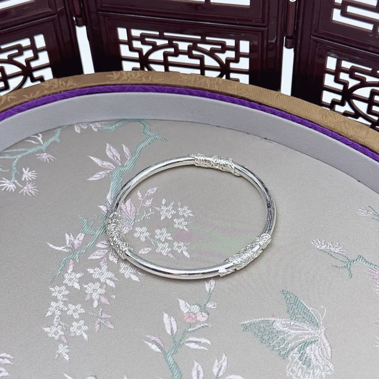 足银手镯 繁花似锦银手镯女9999银花丝蝴蝶闭口银镯子小众轻奢