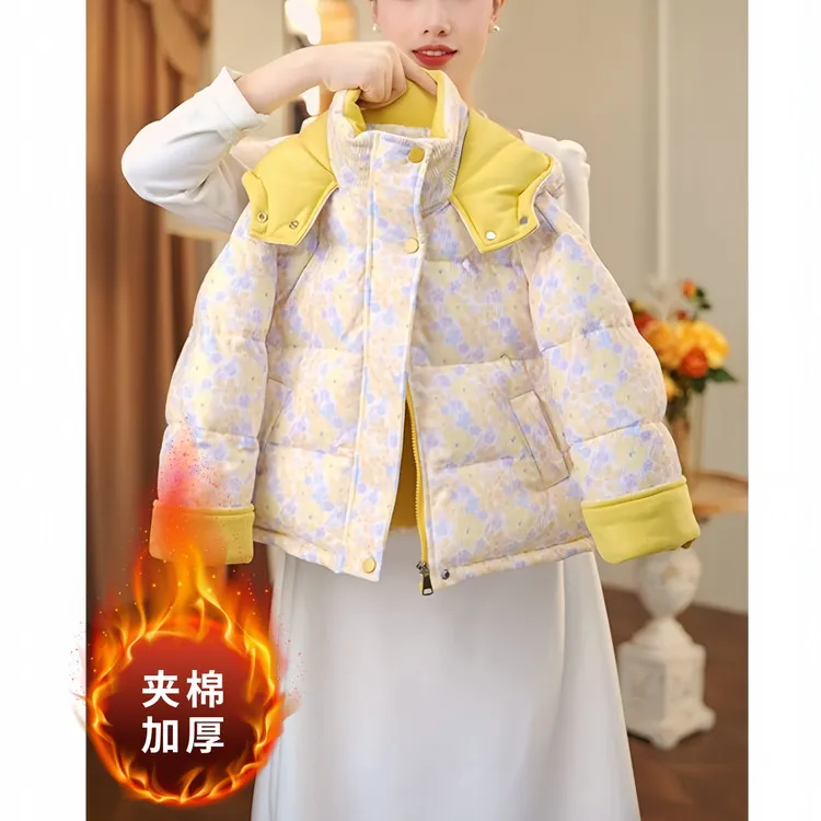 女童碎花棉服冬装2025新款甜美加厚灯芯绒面包服外套棉袄潮