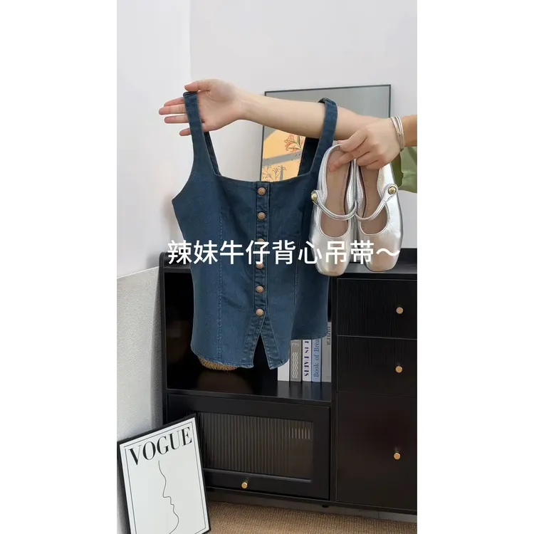 复古撞色牛仔方领背心吊带女装2025夏季新款短款外穿辣妹无袖上衣