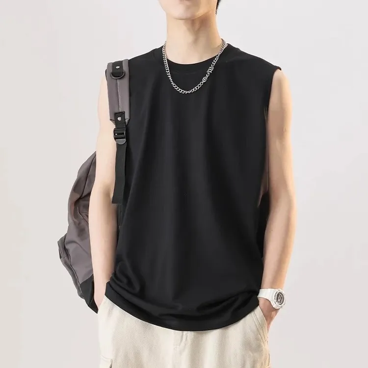 100%全棉无袖坎肩T恤男士圆领宽松休闲运动半袖打底衫大码背心