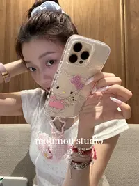 可爱镭射点钻kt猫适用苹果16promax手机壳iphone15保护套14挂件13