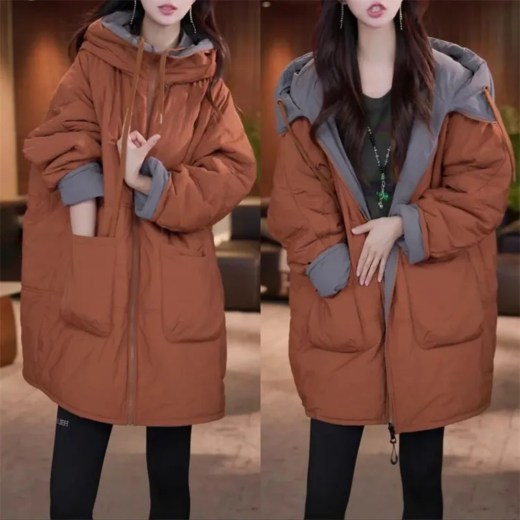 时尚加厚保暖双面穿棉衣女2025秋冬新款洋气宽松显瘦连帽棉服外套
