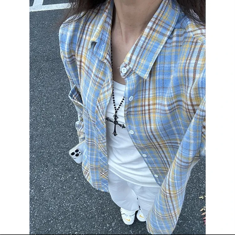 黄蓝格子衬衫男款春夏季美式潮牌高级感长袖衬衣cleanfit情侣外套